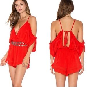 NWT Lovers and Friends x Revolve Malia Romper Fire Red Cold Shoulder Flowy Beach